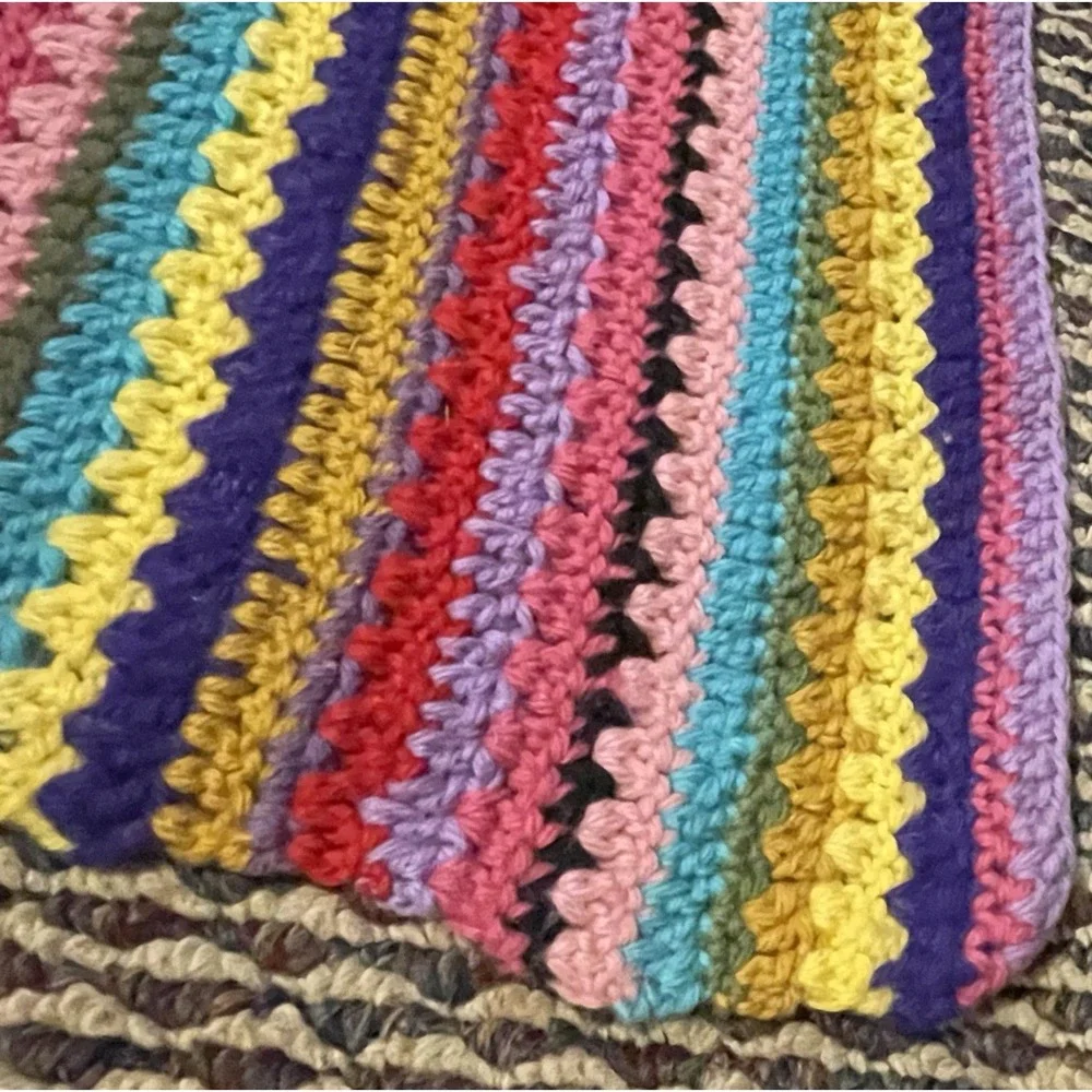 Handmade Rainbow Striped Afghan Crochet Blanket Throw Boho Grannycore 64